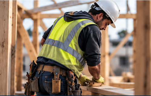 Construction tradesperson working on a building frame